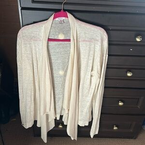 Max Mara open front cardigan ivory ribbed drape front Medium flax linen